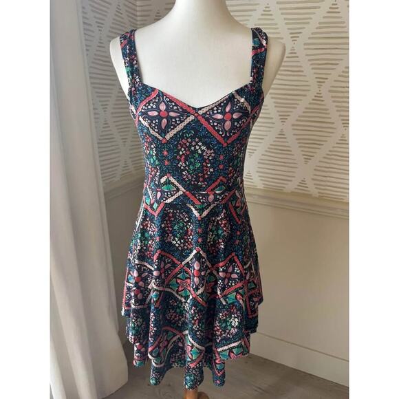 Free People Women's Medium Black Pink Green Fit Flare Mini Dress - Picture 2 of 6